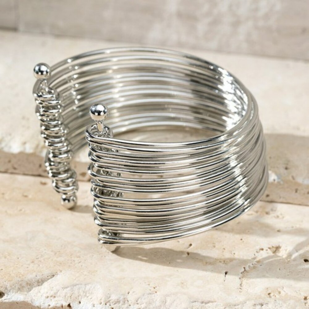 Multi-Layered Silver Cuff Bracelet | Polished Finish | Bangle Style